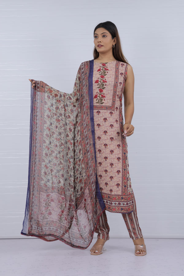 Beige Printed Viscose Rayon Suit