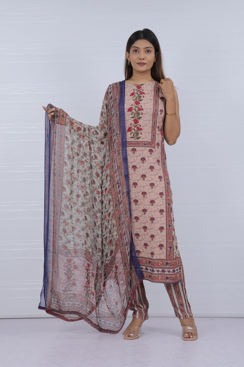Beige Printed Viscose Rayon Suit