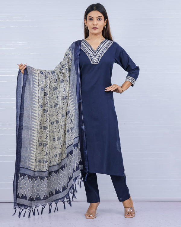 Kaya Navy Blue Flax Cotton Suit