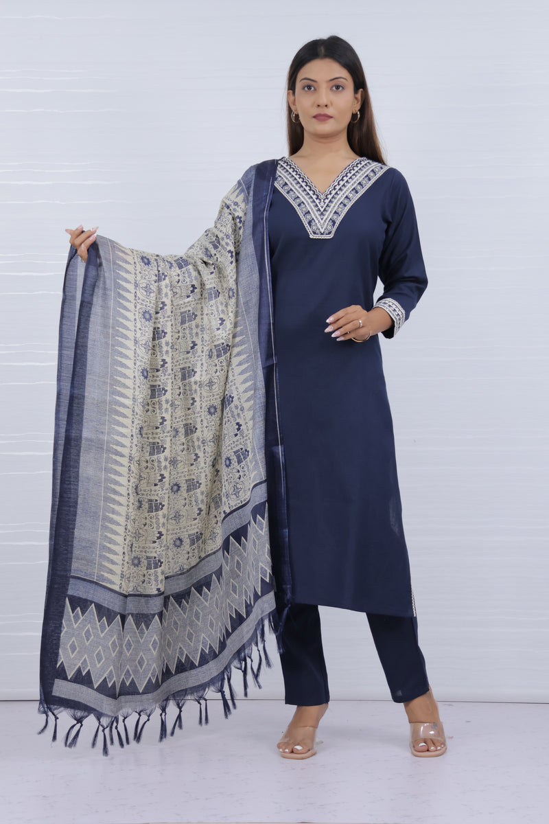 Kaya Navy Blue Flax Cotton Suit