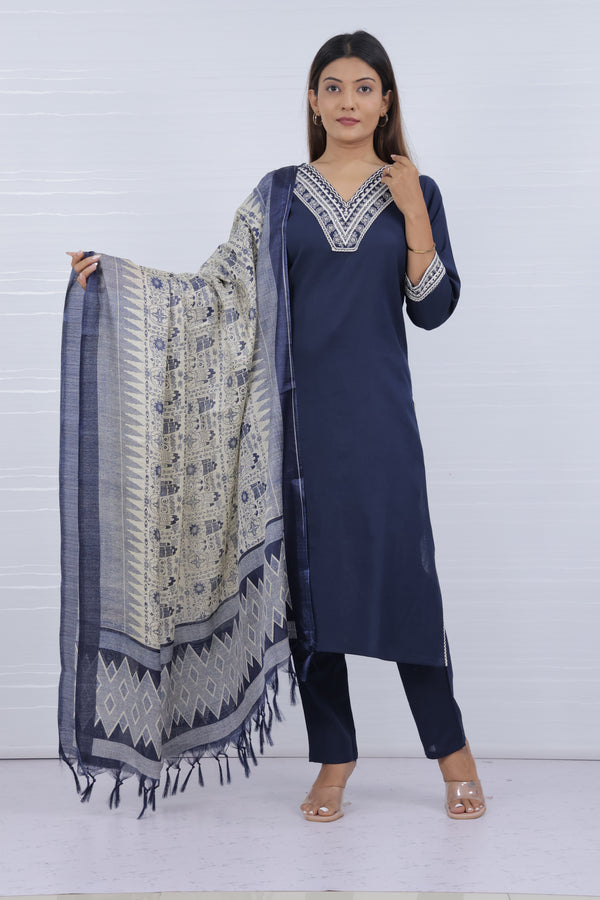 Kaya Navy Blue Flax Cotton Suit