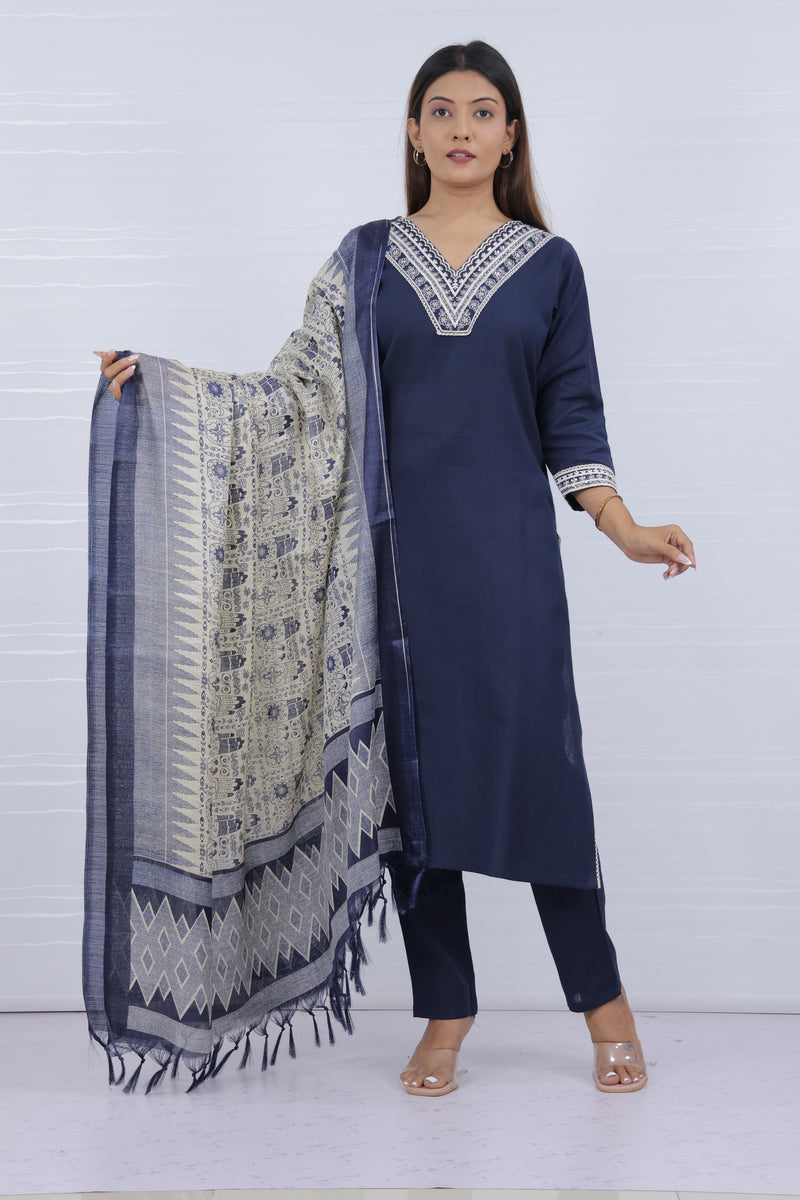 Kaya Navy Blue Flax Cotton Suit