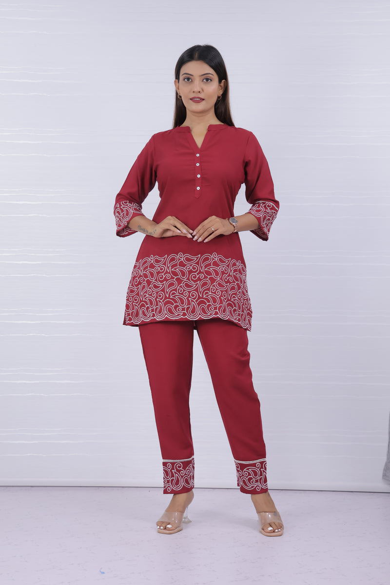 Melange Maroon Embroidery Co-ord Set