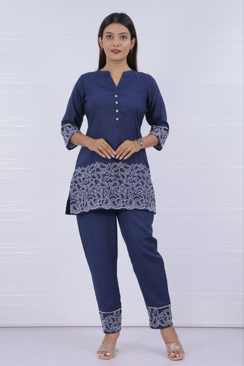 Melange Blue Embroidery Co-ord Set