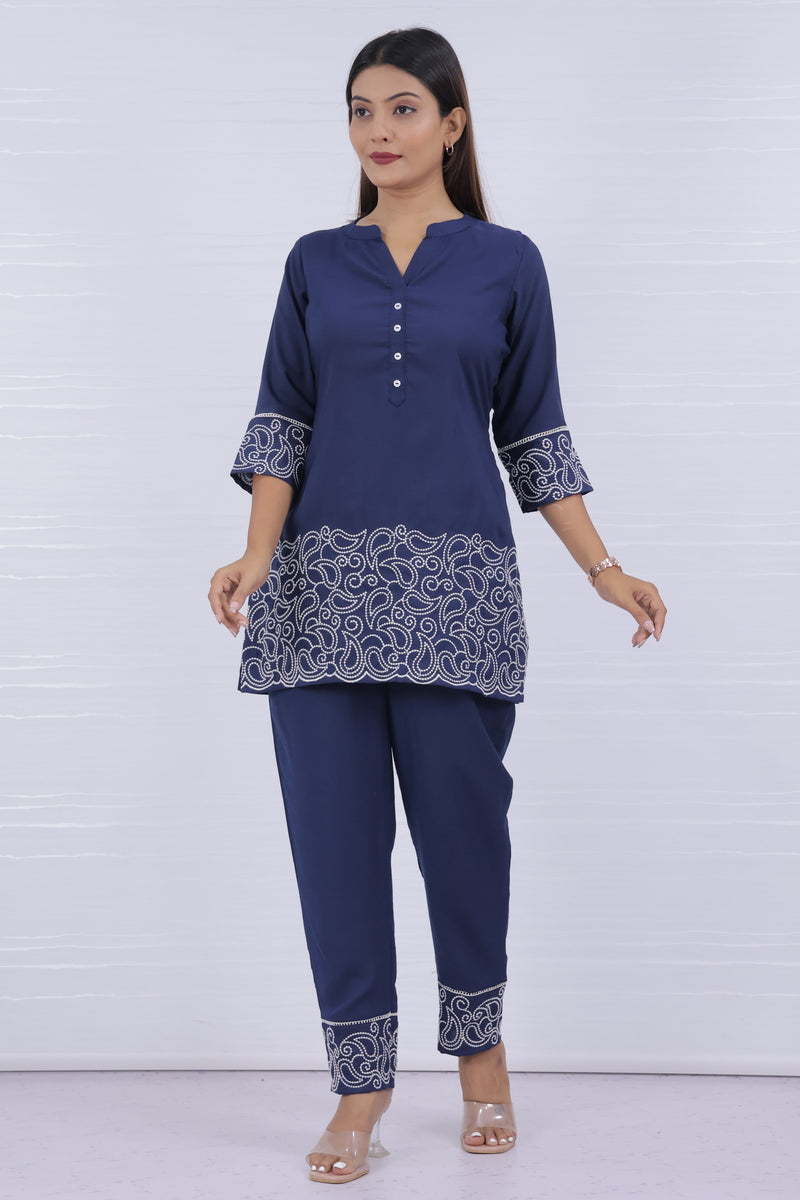 Melange Blue Embroidery Co-ord Set