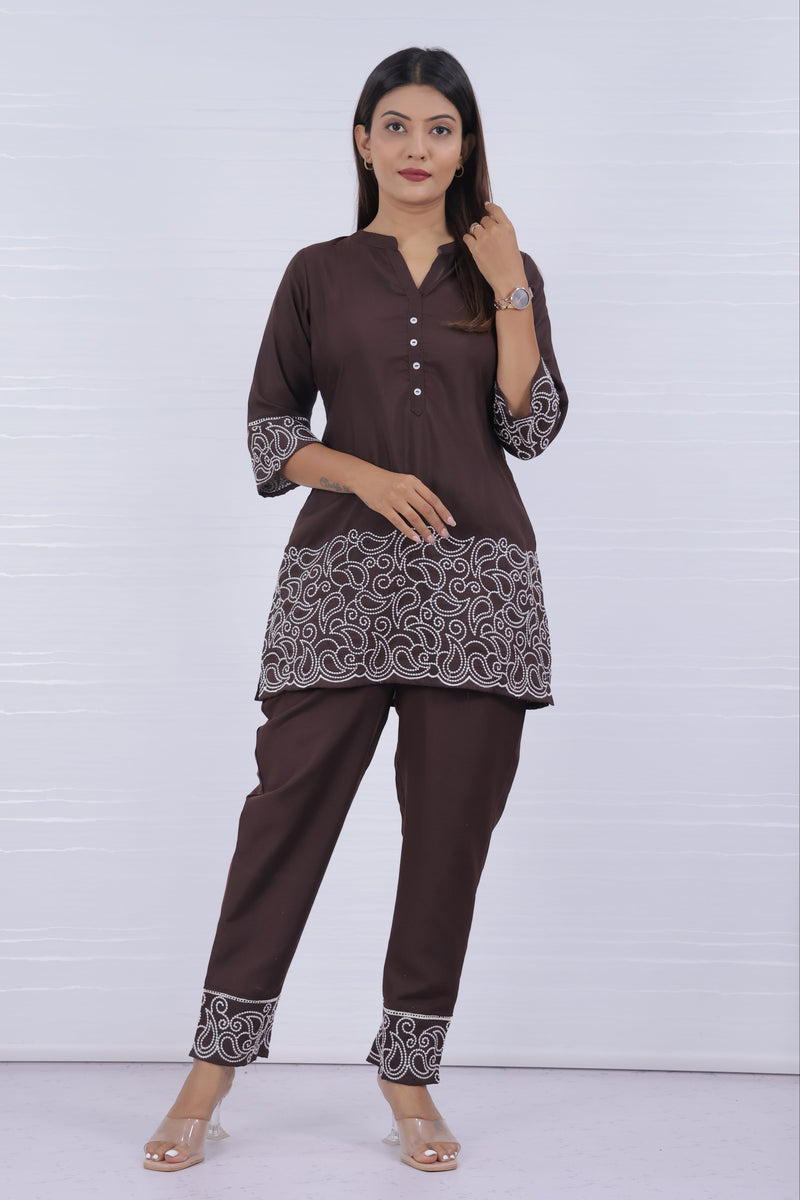 Melange Coffee Embroidery Co-ord Set