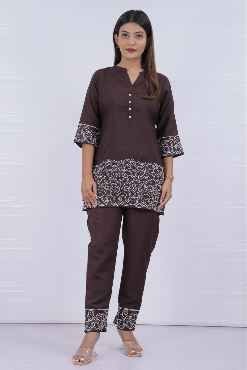 Melange Coffee Embroidery Co-ord Set