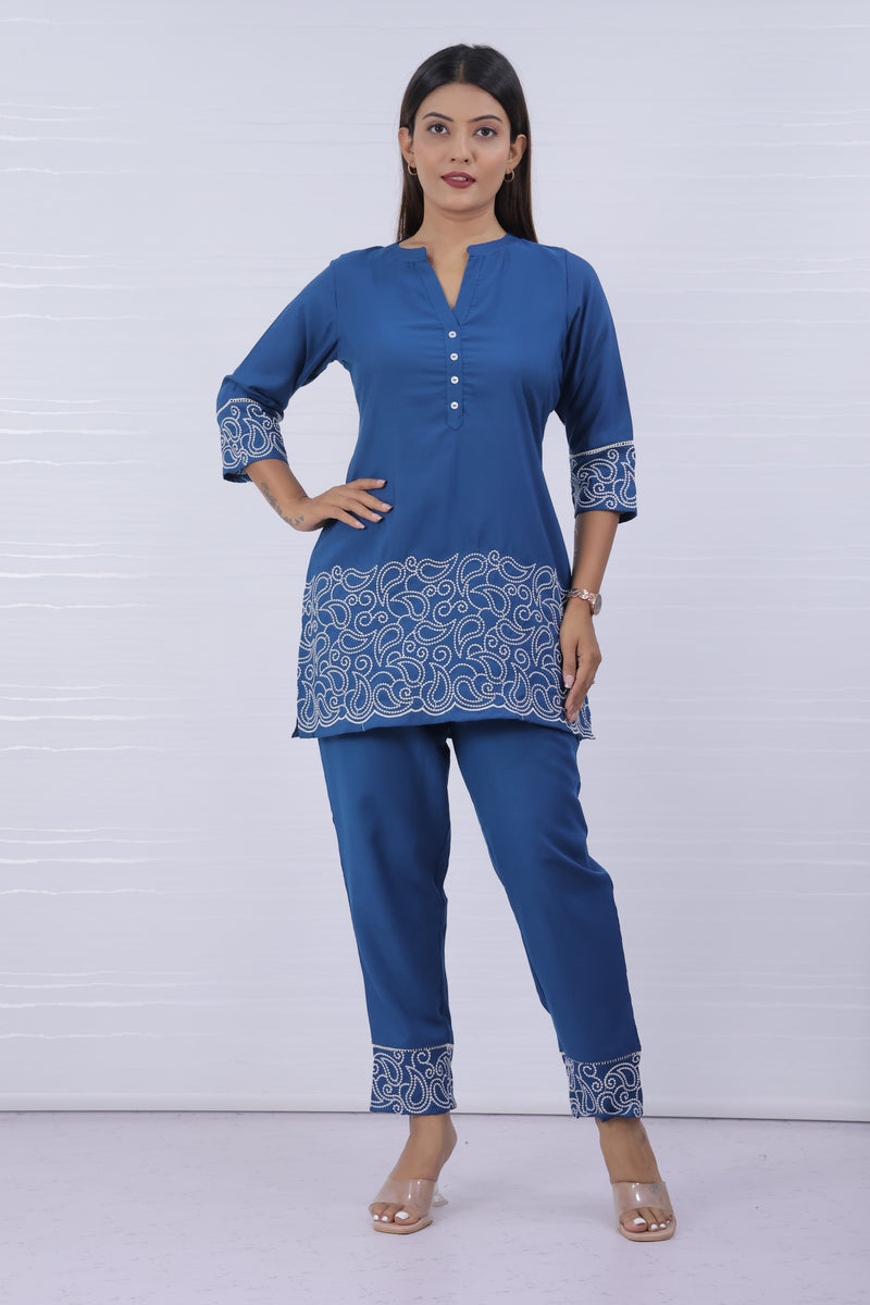 Melange Royal Blue Embroidery Co-ord Set