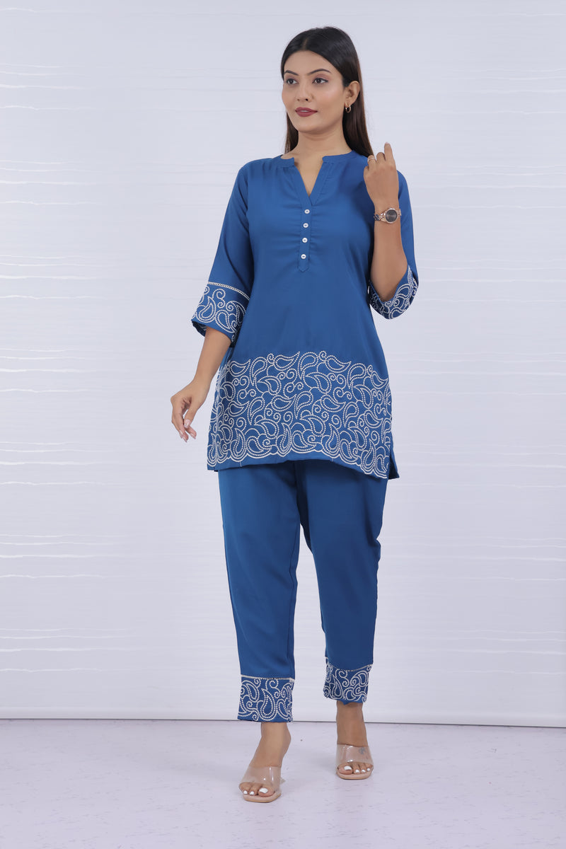 Melange Royal Blue Embroidery Co-ord Set