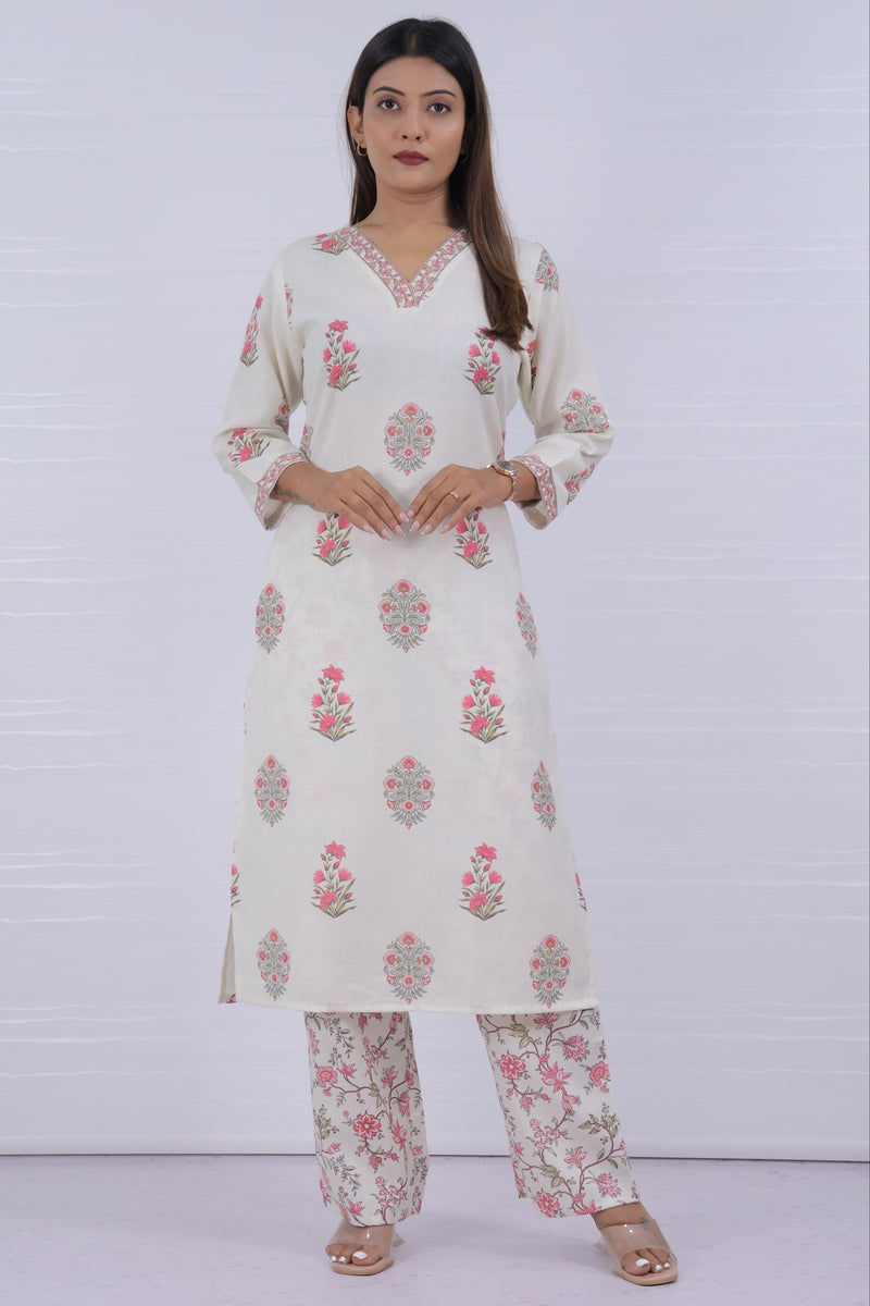 Women Off-White Floral Printed Kurta With Pant
