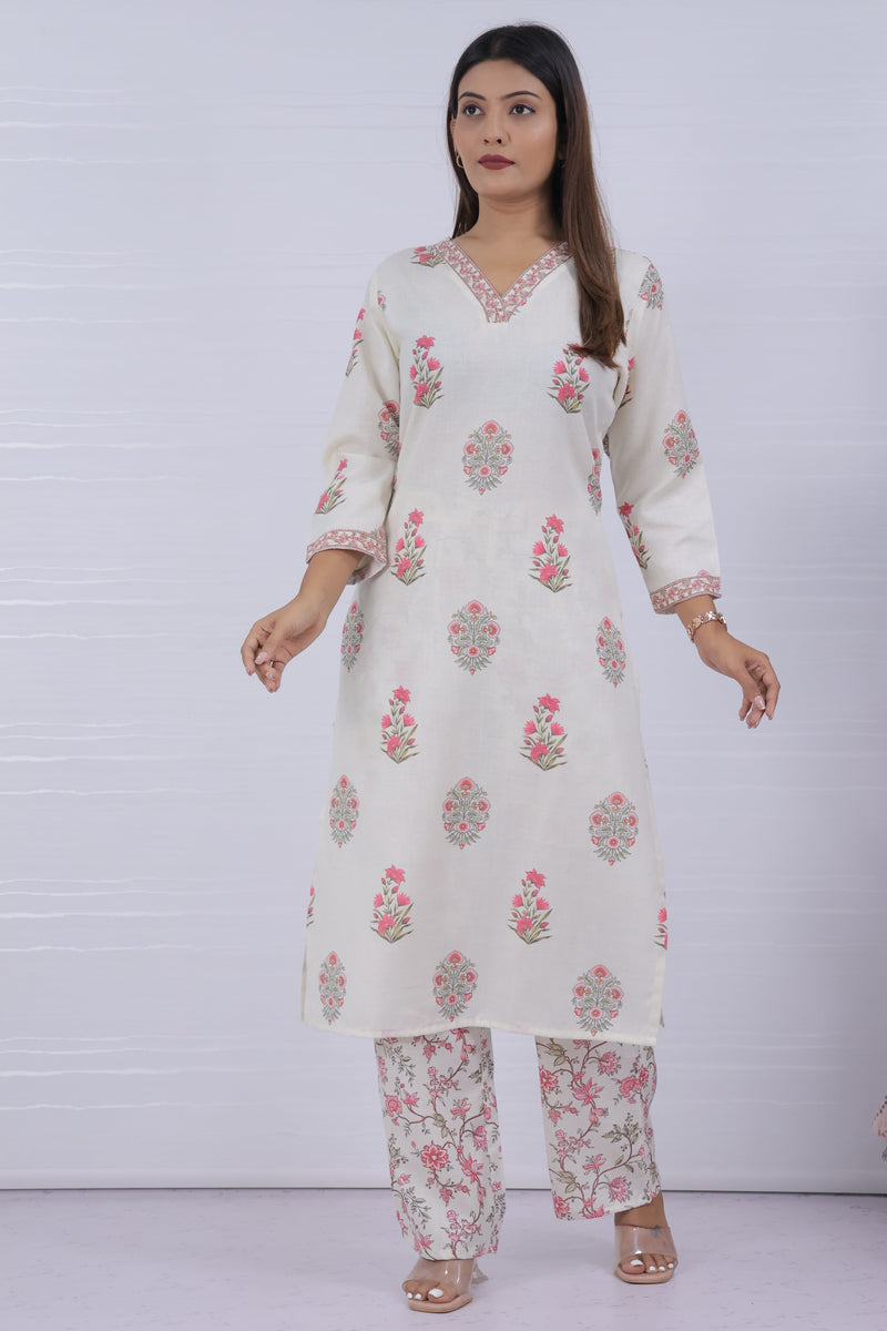 Women Off-White Floral Printed Kurta With Pant
