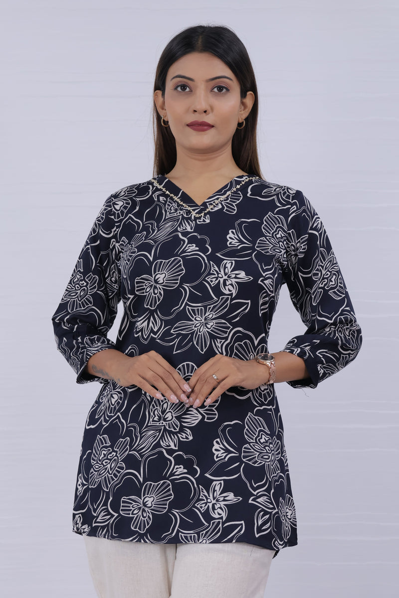 Women Blue Rayon Printed Short Top