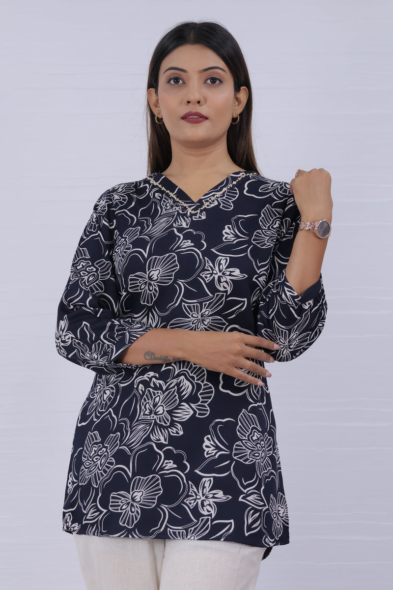 Women Blue Rayon Printed Short Top