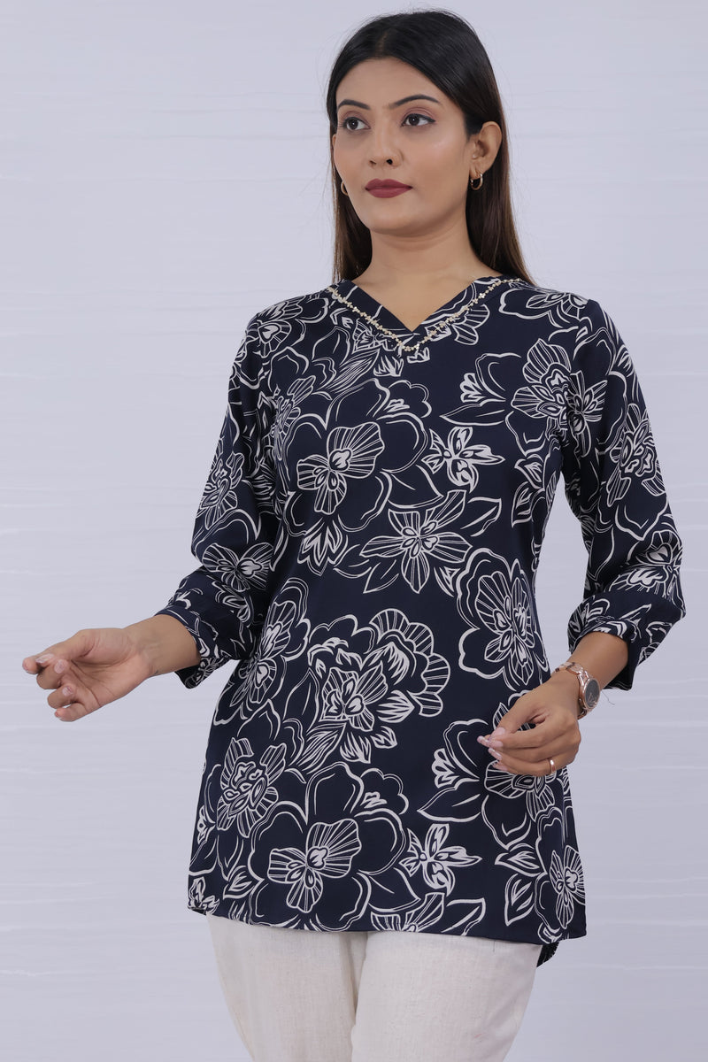 Women Blue Rayon Printed Short Top