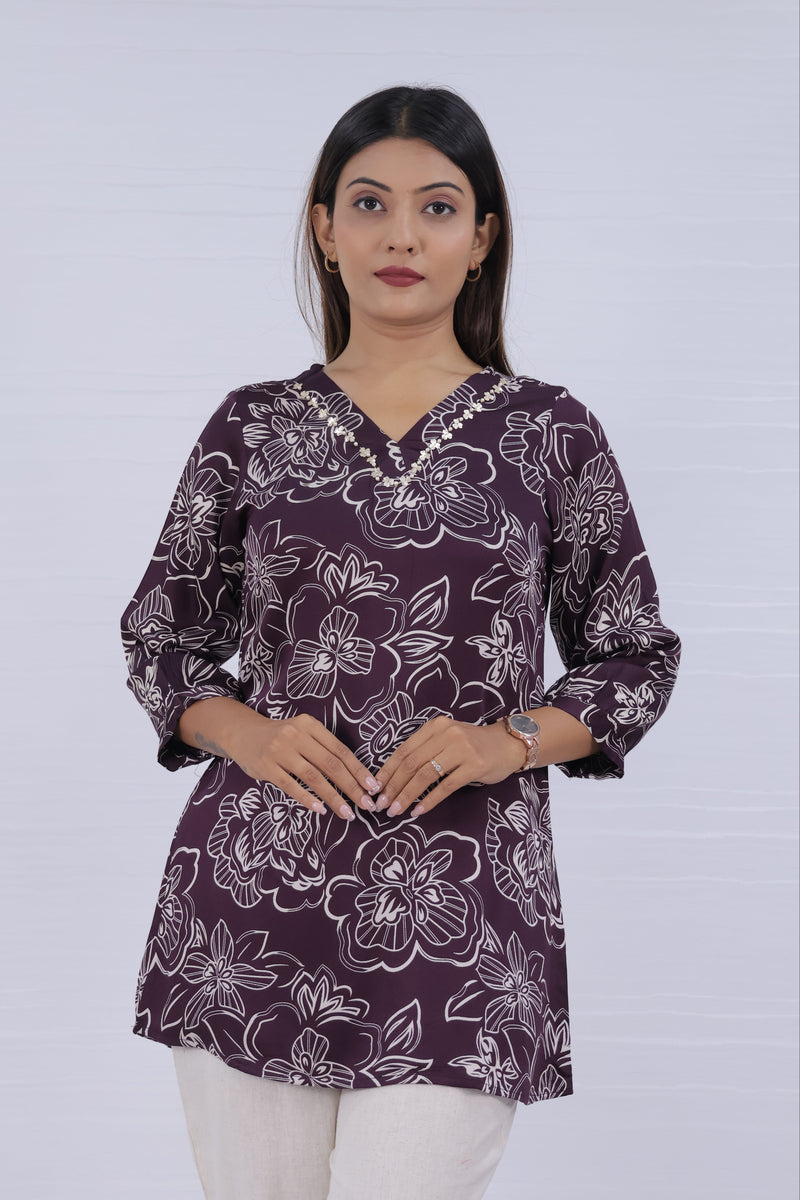 Women Purple Rayon Printed Short Top