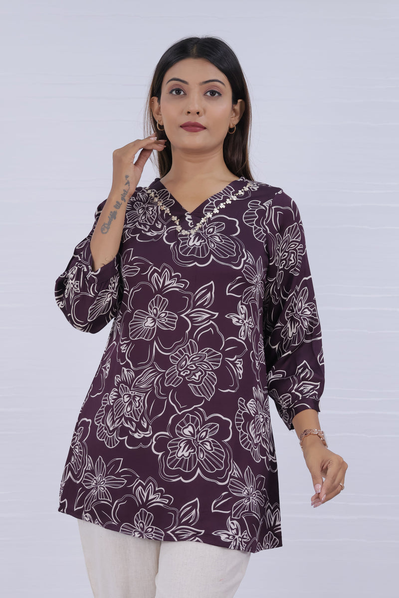 Women Purple Rayon Printed Short Top