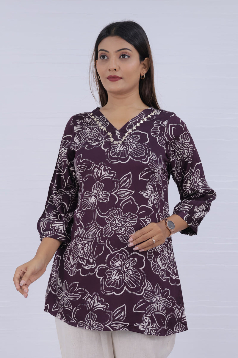 Women Purple Rayon Printed Short Top