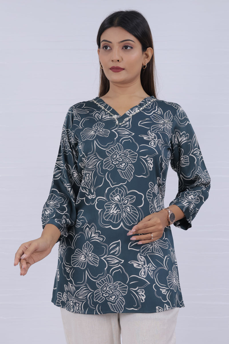 Women Green Rayon Printed Short Top