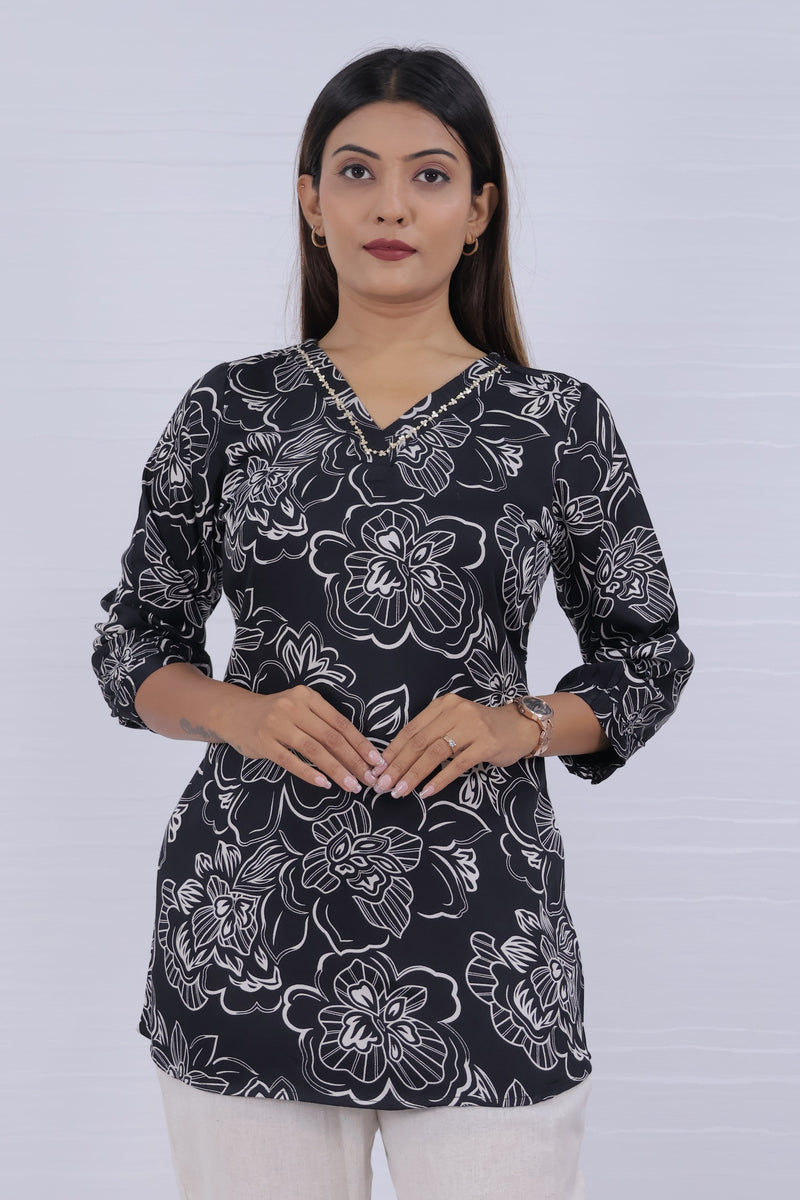 Women Black Rayon Printed Short Top