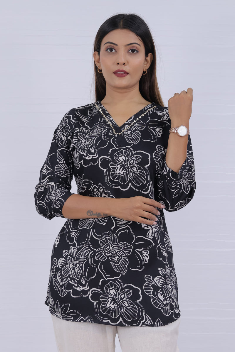 Women Black Rayon Printed Short Top