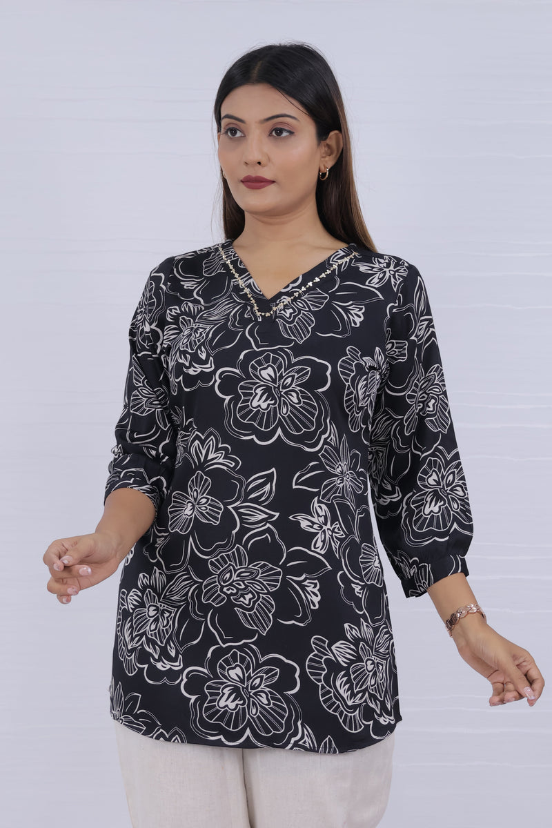 Women Black Rayon Printed Short Top
