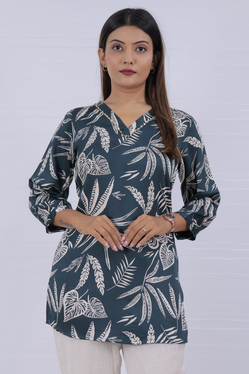 Women Green Rayon Printed Short Top