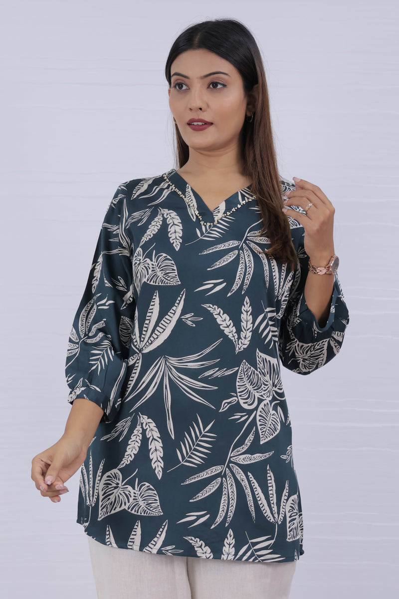 Women Green Rayon Printed Short Top
