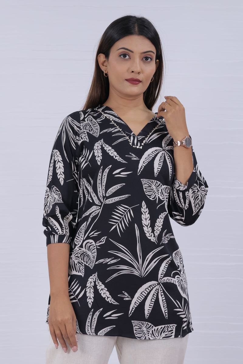 Women Black Rayon Printed Short Top