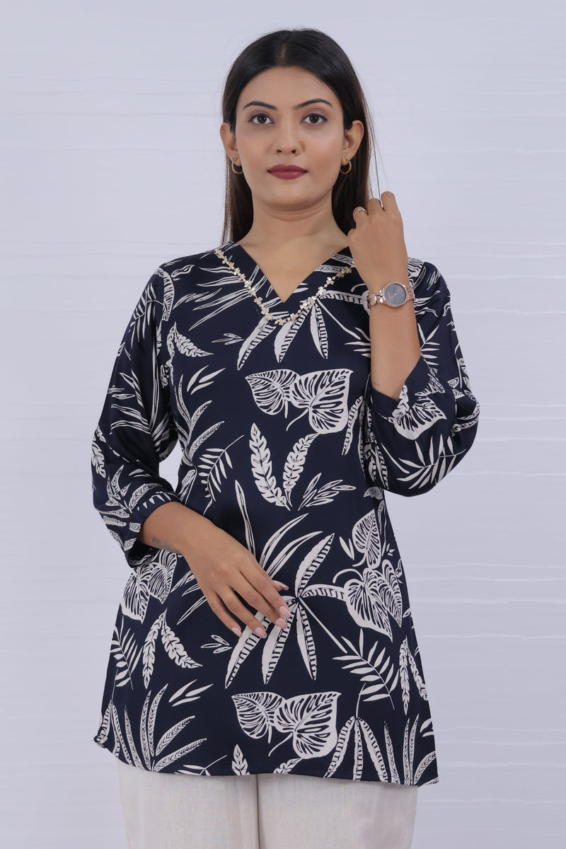 Women Blue Rayon Printed Short Top