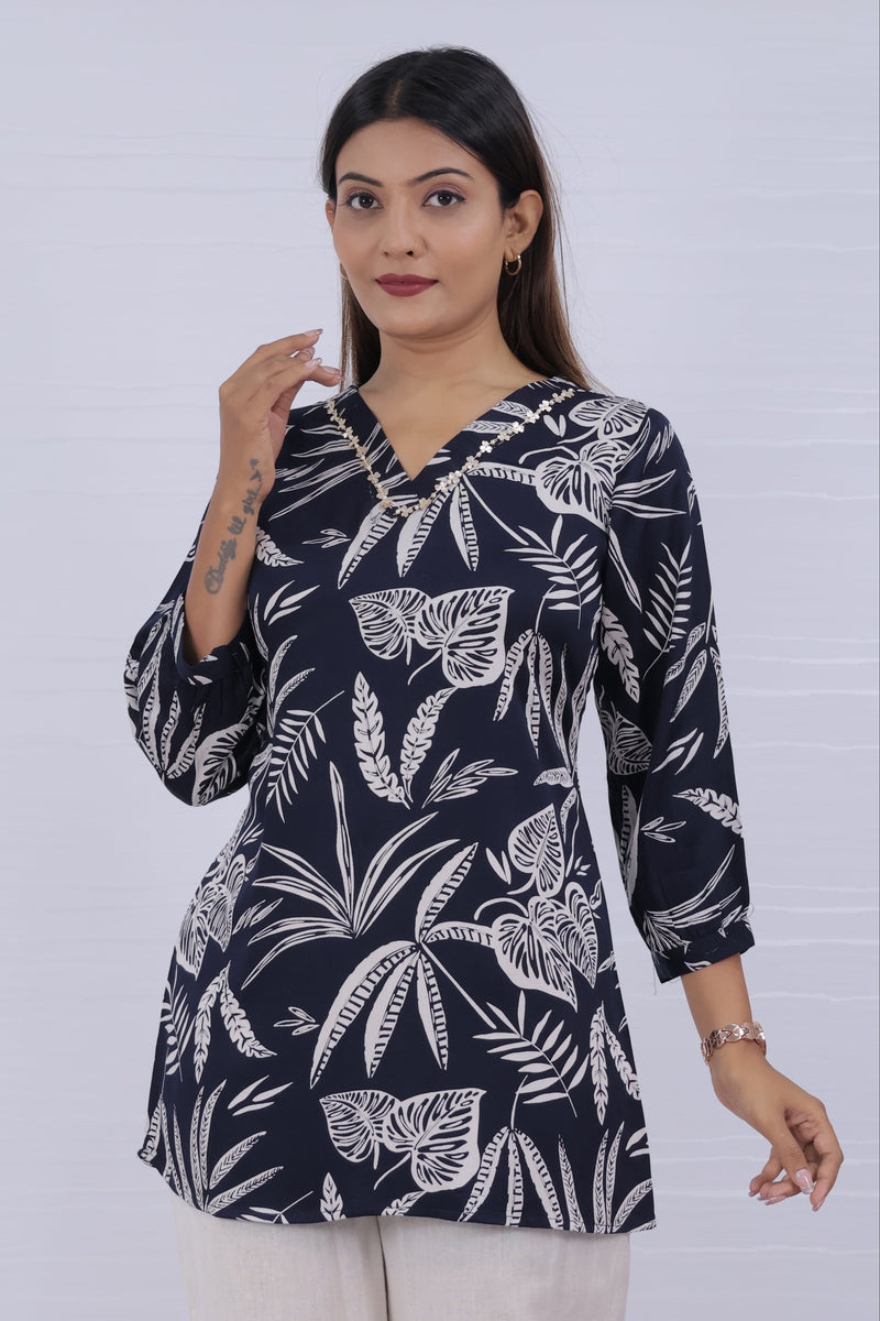 Women Blue Rayon Printed Short Top