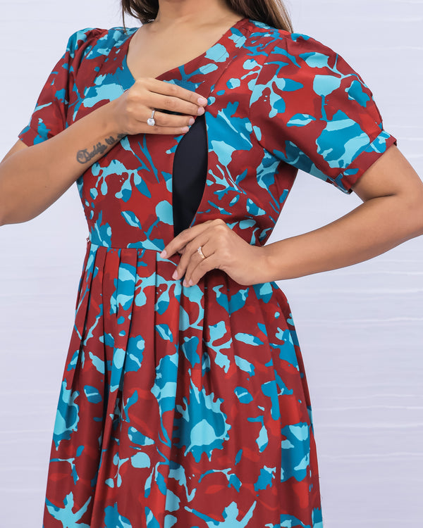 Women's Cotton Maroon Maternity Feeding Dress