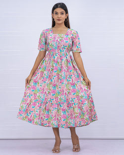 Women's Cotton White-Pink Maternity Feeding Dress