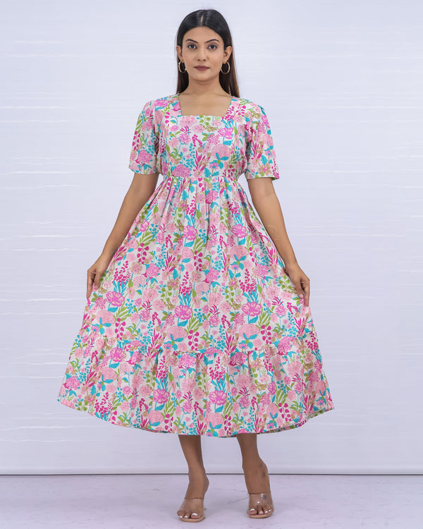 Women's Cotton White-Pink Maternity Feeding Dress
