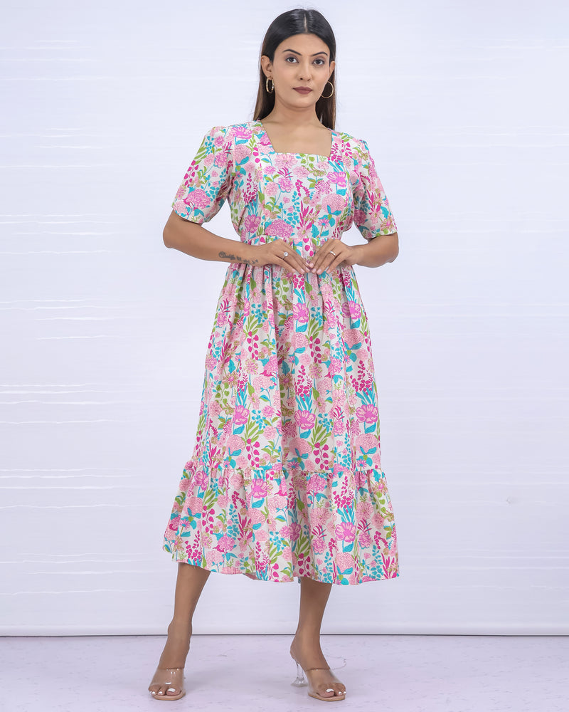 Women's Cotton White-Pink Maternity Feeding Dress