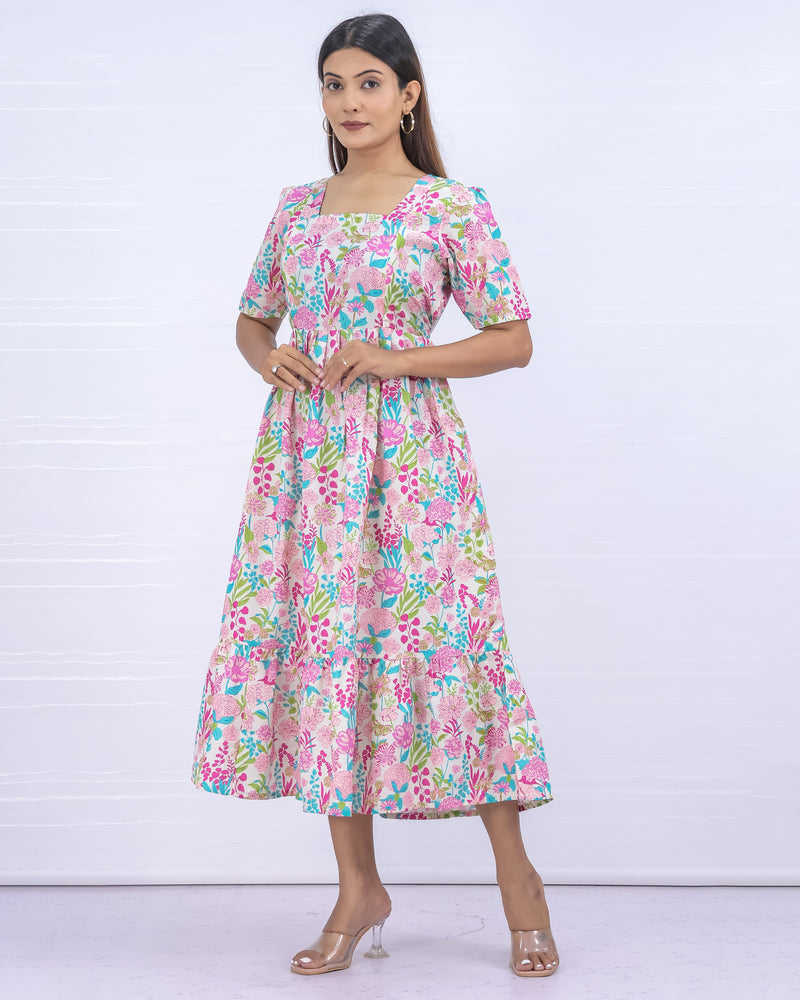 Women's Cotton White-Pink Maternity Feeding Dress