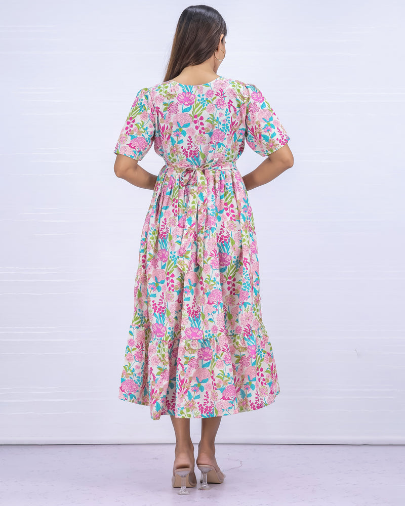 Women's Cotton White-Pink Maternity Feeding Dress