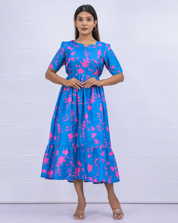 Women's Cotton Blue Maternity Feeding Dress