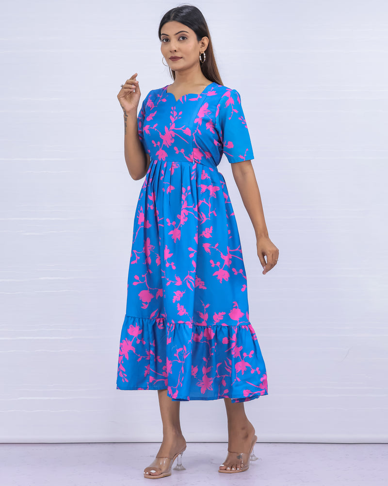 Women's Cotton Blue Maternity Feeding Dress