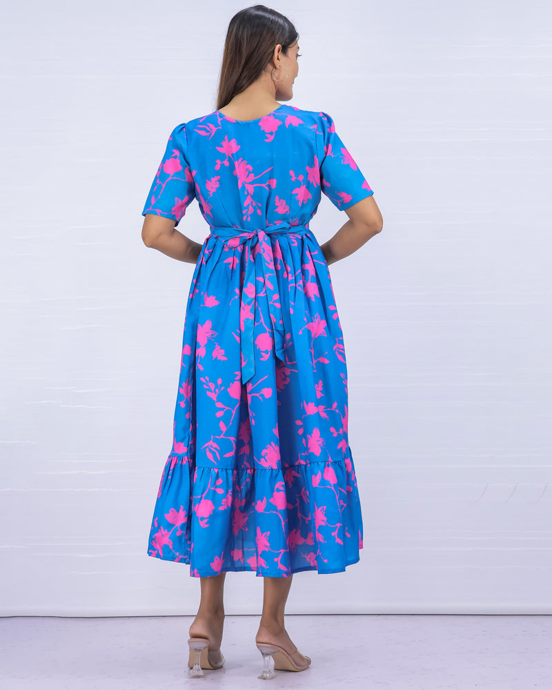 Women's Cotton Blue Maternity Feeding Dress