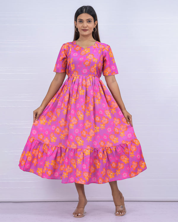 Women's Cotton Pink Maternity Feeding Dress