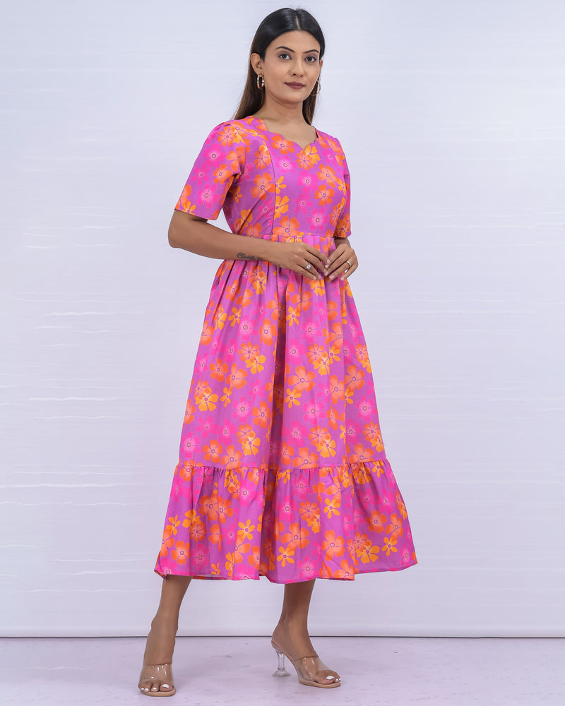 Women's Cotton Pink Maternity Feeding Dress