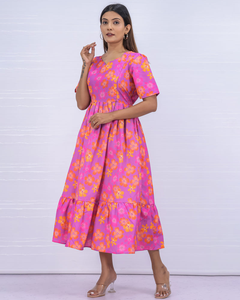 Women's Cotton Pink Maternity Feeding Dress