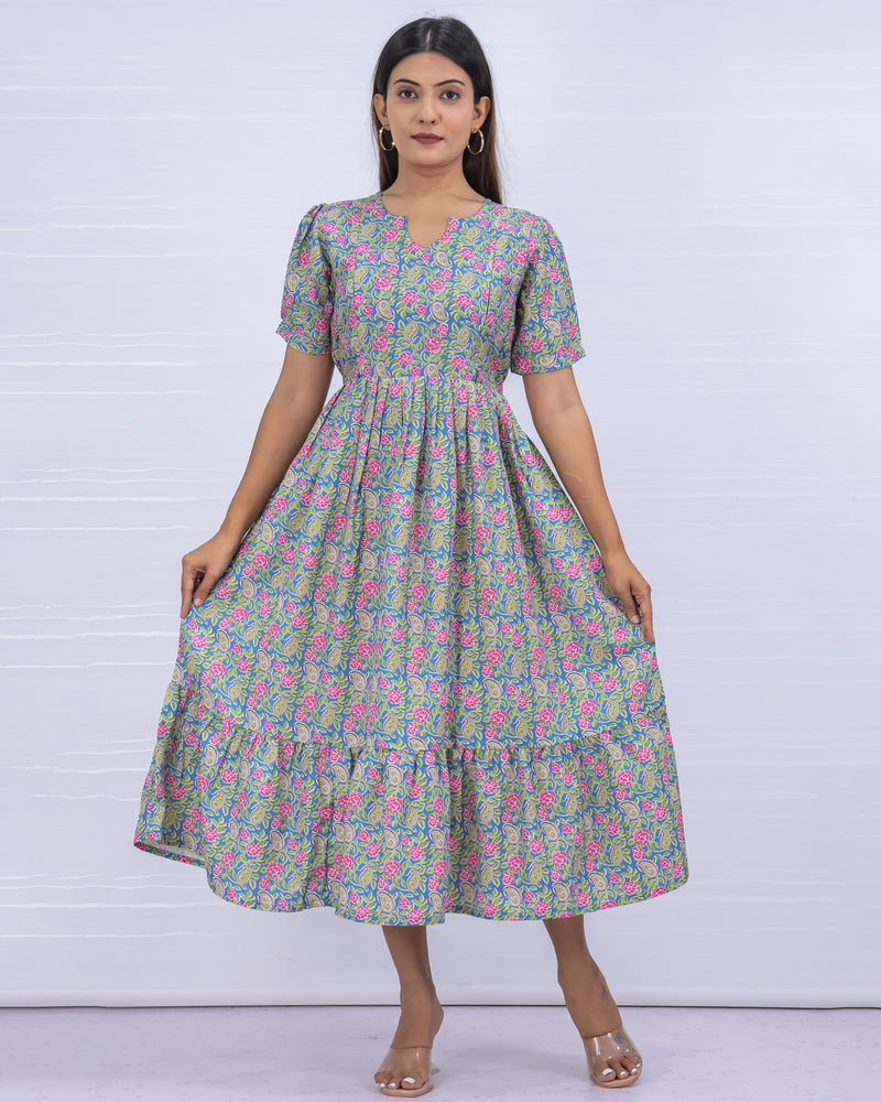 Women's Cotton Blue Maternity Feeding Dress