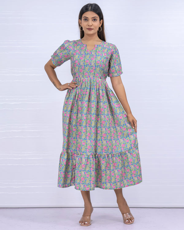 Women's Cotton Blue Maternity Feeding Dress