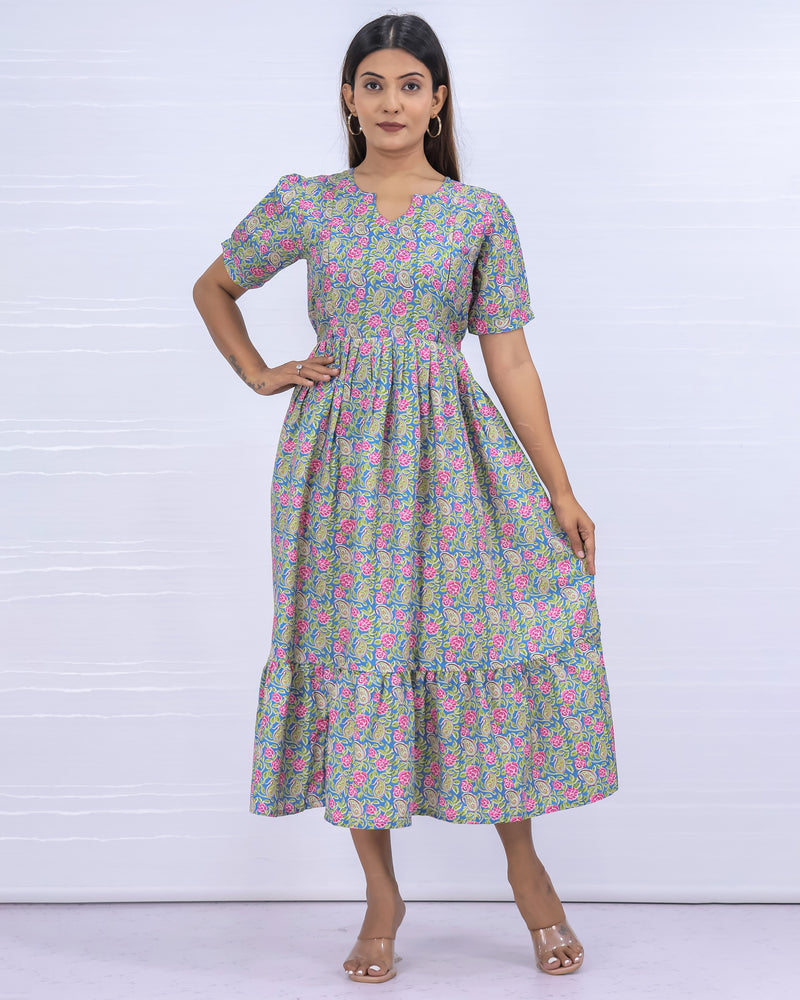 Women's Cotton Blue Maternity Feeding Dress