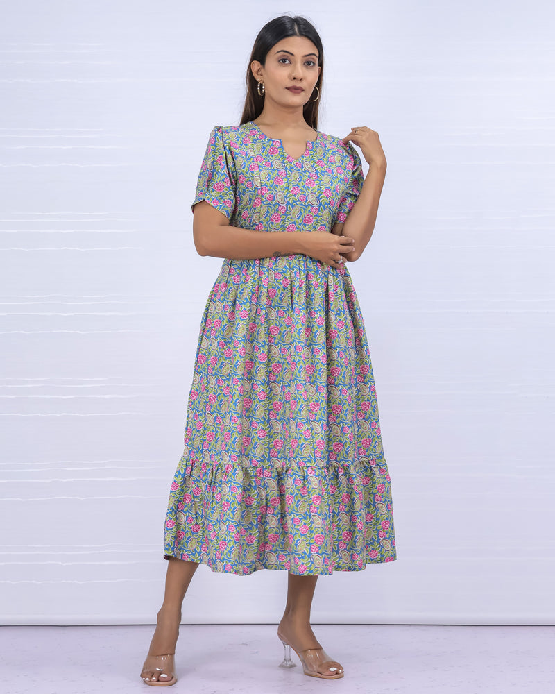 Women's Cotton Blue Maternity Feeding Dress