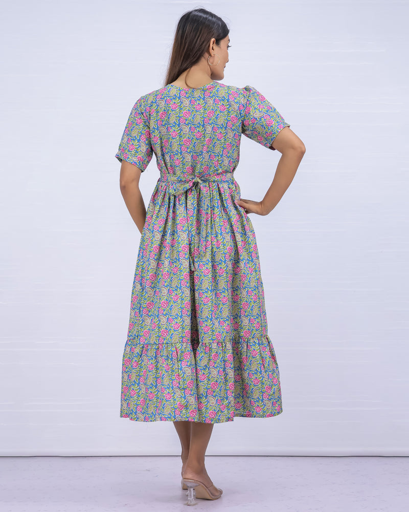 Women's Cotton Blue Maternity Feeding Dress