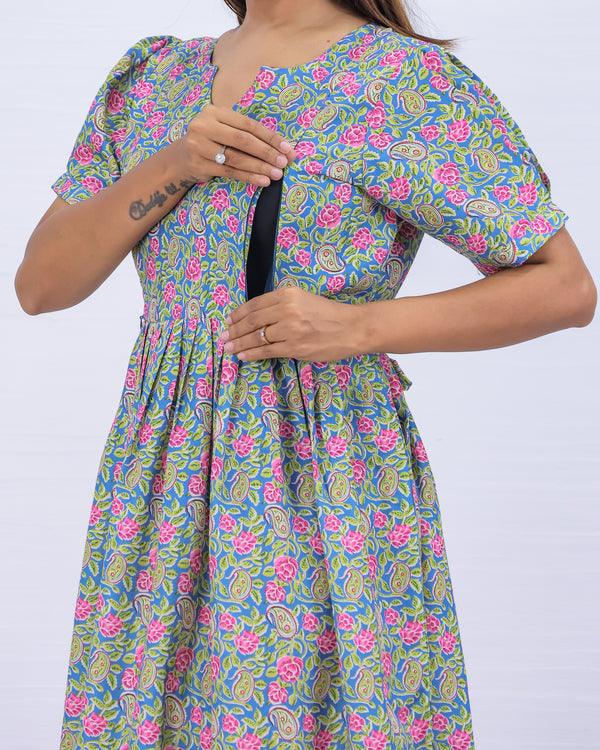 Women's Cotton Blue Maternity Feeding Dress