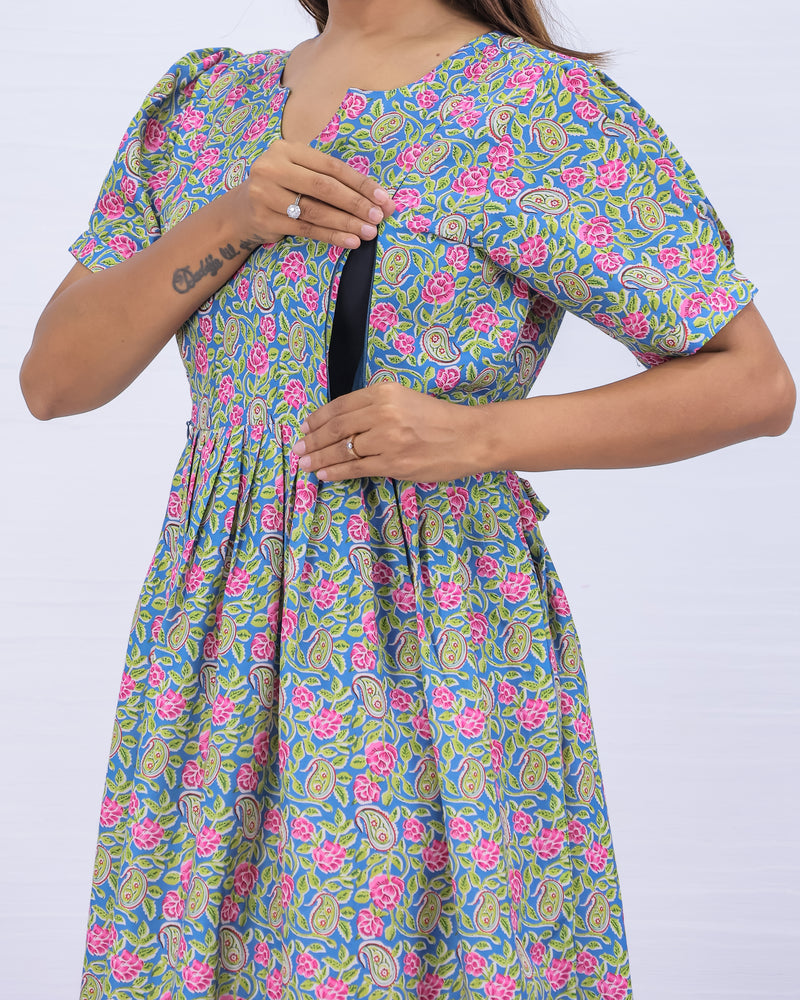 Women's Cotton Blue Maternity Feeding Dress