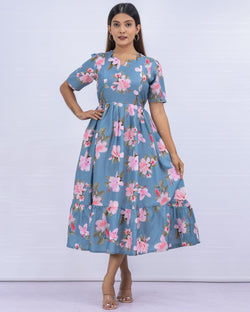 Women's Cotton LIght Blue Maternity Feeding Dress